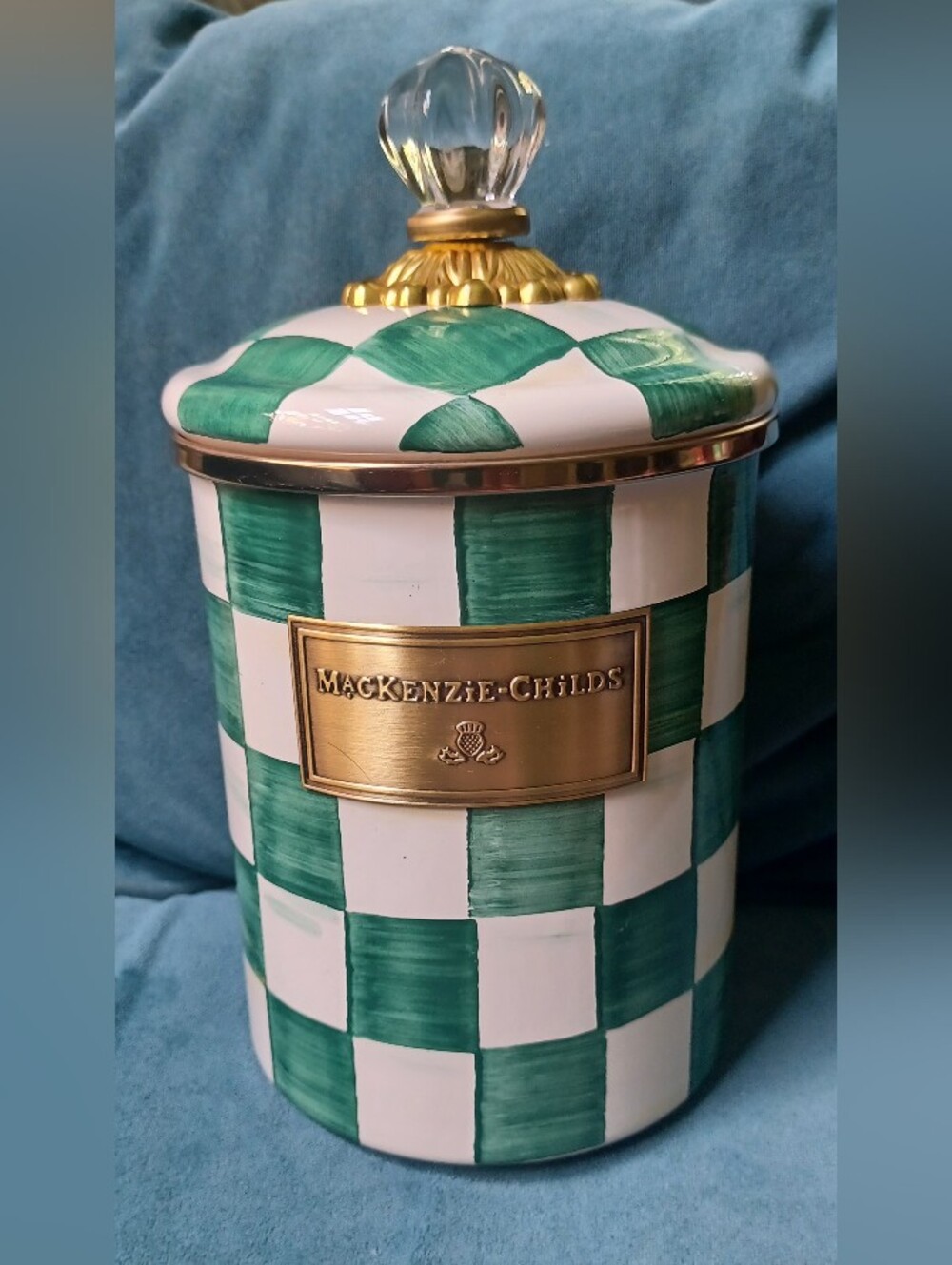 MacKenzie-Childs Green Check Ceramic Canister with Brass Label